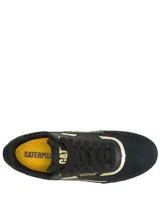Sneaker Caterpillar modelo Pause Retro T-Toe para mujer, en color negro con detalles dorados y suela blanca. Fabricadas en cuero gamuzado, cuentan con plantilla de espuma EVA y suela de goma duradera.