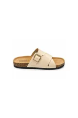 Sandalias marrones de tiras cruzadas Paddock con hebilla metálica dorada regulable, plantilla anatómica y base de corcho.