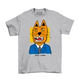 Remera gris de algodón con estampa frontal de un tigre con traje azul y corbata sobre un fondo amarillo.