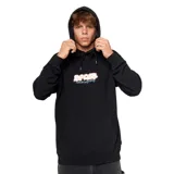 Canguro negro con capucha, cordones ajustables y bolsillo tipo canguro. Estampado frontal con el logo de Rip Curl en colores naranja, celeste y blanco.