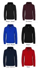 Canguro blanco con capucha y cordones ajustables, puños y cintura acanalados, y estampado negro con letras grandes en la espalda.