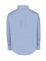 Camisa de manga larga de popelina de algodón RKF, con diseño a cuadros en tonos de azul sobre base blanca, cuello con botones y bolsillo en el pecho con logo bordado.