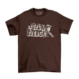 Remera de manga corta color marrón, con estampa frontal en color blanco que incluye el logo de la banda La Vela Puerca y una figura ilustrada.