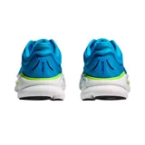 Championes de running Hoka modelo Bondi 9, color celeste con detalles en verde lima y suela blanca. Presentan diseño de malla transpirable y logo de la marca en el lateral.