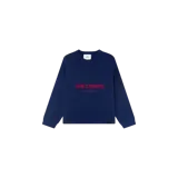 Sweater de punto azul marino de Eme Studios, con cuello redondo y diseño holgado. Presenta un bordado frontal con el nombre de la marca en color rojo.