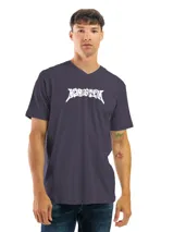 Remera de algodón preencogido color azul oscuro, con cuello en V y estampado frontal en blanco con la palabra "Morgenstern" en tipografía gótica.