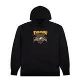 Canguro negro con capucha y cordón ajustable. Estampado frontal con el logo de Thrasher y Anti Hero con un águila y tablas de skate cruzadas.