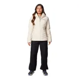 Campera técnica Columbia Joy Peak II con capucha, diseñada con tecnología Omni-Heat Infinity para retención de calor y Omni-Shield para repelencia al agua. Cuenta con aislamiento Thermator de poliéster reciclado, cierre frontal completo, bolsillos laterales con cremallera, puños con orificio para pulgar y cuello forrado en vellón.