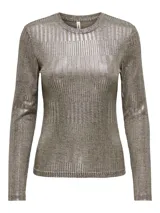 Top de manga larga con cuello redondo y ajuste regular, confeccionado en tejido acanalado con acabado metalizado brillante.