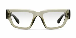 Lentes con armazón cuadrado de color verde translúcido y cristales transparentes con tecnología blueblocker.
