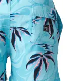 Short de baño Billabong de color celeste con estampado tropical de palmeras y atardecer, con cintura elástica y cordón ajustable.