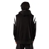 Canguro negro con capucha y cordones ajustables, diseño oversize con franjas blancas en las mangas y logo bordado en el centro del pecho. Cuenta con bolsillo tipo canguro frontal.