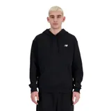 Canguro negro de New Balance con capucha y cordones ajustables, bolsillo tipo canguro y logo pequeño bordado en el pecho.