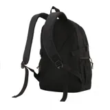 Mochila grande negra y gris con bolsillo lateral de red, correas laterales de compresión, correas ajustables acolchadas y bolsillo frontal diagonal.