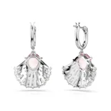 Aros colgantes con forma de caracola, adornados con cristales transparentes y un cristal central rosa. Los aros y la estructura son de rodio.