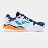 Championes Joma modelo Spin Men para pádel, color blanco con detalles en azul marino, verde agua y naranja. Presentan diseño técnico con sistema de ventilación y suela especializada para mayor tracción en cancha.