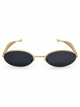Lentes de sol con armazón ovalado de metal dorado y cristales oscuros.