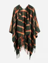 Capa abierta con estampado a cuadros en tonos verde, naranja y beige, con flecos en el ruedo.