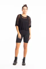 Crop top negro de tul con mangas cortas y corte holgado.