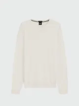 Buzo de punto fino con cuello redondo y mangas largas, confeccionado en lana virgen. Presenta un diseño minimalista con el logo de la marca bordado sutilmente en el pecho.