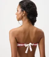 Top de bikini bandeau de microfibra, con diseño de estampa de hongos y detalles de ribete con estampado a cuadros en los bordes.
