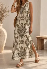 Vestido midi sin mangas, con escote en V y estampado estilo paisley en tonos marrones y violetas sobre fondo blanco.