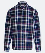 Camisa de manga larga en franela de viscosa y poliéster con estampado de cuadros en tonos azul, blanco, negro y violeta.