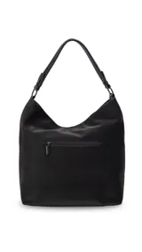 Cartera tipo hobo de tamaño grande en color beige, con detalles en negro. Presenta una franja horizontal negra con el logo de la marca, asa corta de hombro y correa larga desmontable. Incluye bolsillo frontal con cierre oculto y bolsillo trasero.