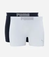 Pack de dos bóxers Puma sin costuras, uno negro y otro blanco, con cintura elástica con logo de la marca.