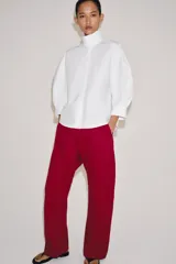 Camisa blanca de algodón de la colección ZW Collection de Zara, con cuello alto, mangas abullonadas por debajo del codo y cierre frontal con botones ocultos por solapa.