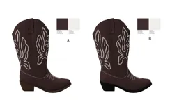 Botas estilo cowboy de caña media, color marrón con costuras decorativas blancas en contraste. Presentan punta definida, tiradores laterales y tacón bajo cuadrado.