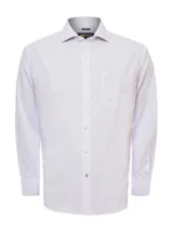 Camisa de manga larga de algodón para hombre, modelo Wf Pc de RKF. Diseño a rayas finas en tonos beige y celeste sobre fondo blanco, con cuello italiano, cierre frontal de botones, bolsillo en el pecho con logo bordado y calce regular.