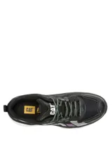 Sneakers Caterpillar modelo Hasten Mesh de color negro con detalles en blanco y violeta, con suela chunky blanca y cordones ajustables.