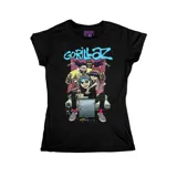 Remera negra de corte entallado con estampa frontal colorida de la banda Gorillaz, de manga corta y cuello redondo.