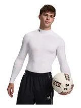 Remera térmica deportiva Under Armour modelo HG Armr Comp Mock LS, de color blanco, manga larga y cuello alto con el logo de la marca impreso. Diseño de compresión con ajuste ceñido al cuerpo.