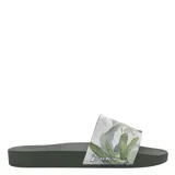 Sandalias de mujer Rider Full 86 Ii, color verde militar, con tira ancha estampada con diseño botánico en tonos verdes y beige.