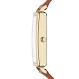 Reloj Skagen Hagen Lille con caja rectangular dorada de acero inoxidable y correa de cuero marrón.
