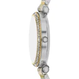 Reloj Fossil para mujer, modelo Carlie, con caja de acero inoxidable combinada en plateado y dorado, esfera azul con acabado sunray, bisel con strass y malla de acero inoxidable bicolor. Resistencia al agua de 50m.