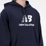 Canguro con capucha New Balance Essentials Stacked Logo French Terry Hoodie, color negro con logo blanco estampado en el pecho. Confeccionado en felpa francesa, de corte holgado y con bolsillo tipo canguro.