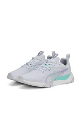 Championes deportivos Puma Zora, color blanco con detalles en lila y verde menta, confeccionados en malla transpirable.