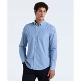 Camisa de manga larga de poplin con rayas verticales azules y blancas, con cuello abotonado y bolsillo en el pecho.