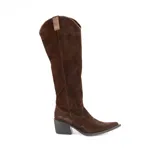 Bota texana alta de cuero marrón, con taco cuadrado y puntera fina. Presenta costuras decorativas en el empeine y tirador lateral en la caña.