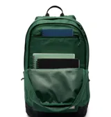 Mochila Columbia modelo Zigzag II de 30 litros, color verde, diseñada para uso urbano y actividades al aire libre. Cuenta con dos compartimentos principales, funda acolchada para computadora portátil, bolsillos para botellas de agua y detalles reflectantes.