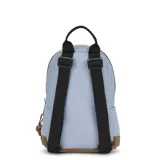 Mochila Jansport Right Pack Mini color celeste con base marrón, logo de la marca en el frente, asa de mano negra y un bolsillo frontal con cierre.