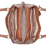 Cartera Guess modelo Elsa de color marrón, elaborada en poliuretano con diseño estructurado, doble asa superior y herrajes plateados. Incluye un pequeño monedero colgante con cierre y logo impreso, además del emblema triangular de la marca en el frente.