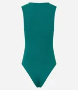 Body color marrón, sin mangas, con cuello halter y cierre en la entrepierna.