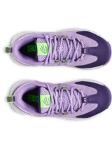 Championes de básquet Under Armour GS Curry 3Z7 SDE, modelo en tonos lila, violeta y blanco, con detalles en verde lima. Combinan paneles de malla transpirable y revestimientos de cuero.