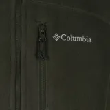 Campera de micropolar verde musgo con cierre frontal completo, cuello alto, bolsillos laterales con cierre y logo de la marca bordado en el pecho.