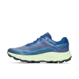 Championes de trail running Merrell modelo Agility Peak 6, color azul con detalles en verde claro. Presentan capellada de malla transpirable con refuerzos de TPU, entresuela de espuma FloatPro para mayor amortiguación y suela de goma Vibram MegaGrip con tacos de alta tracción.