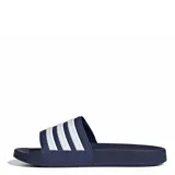 Sandalias unisex Adidas Adilette Shower con tira ajustable de velcro, color azul marino con las icónicas tres tiras blancas y logo de la marca en el lateral.